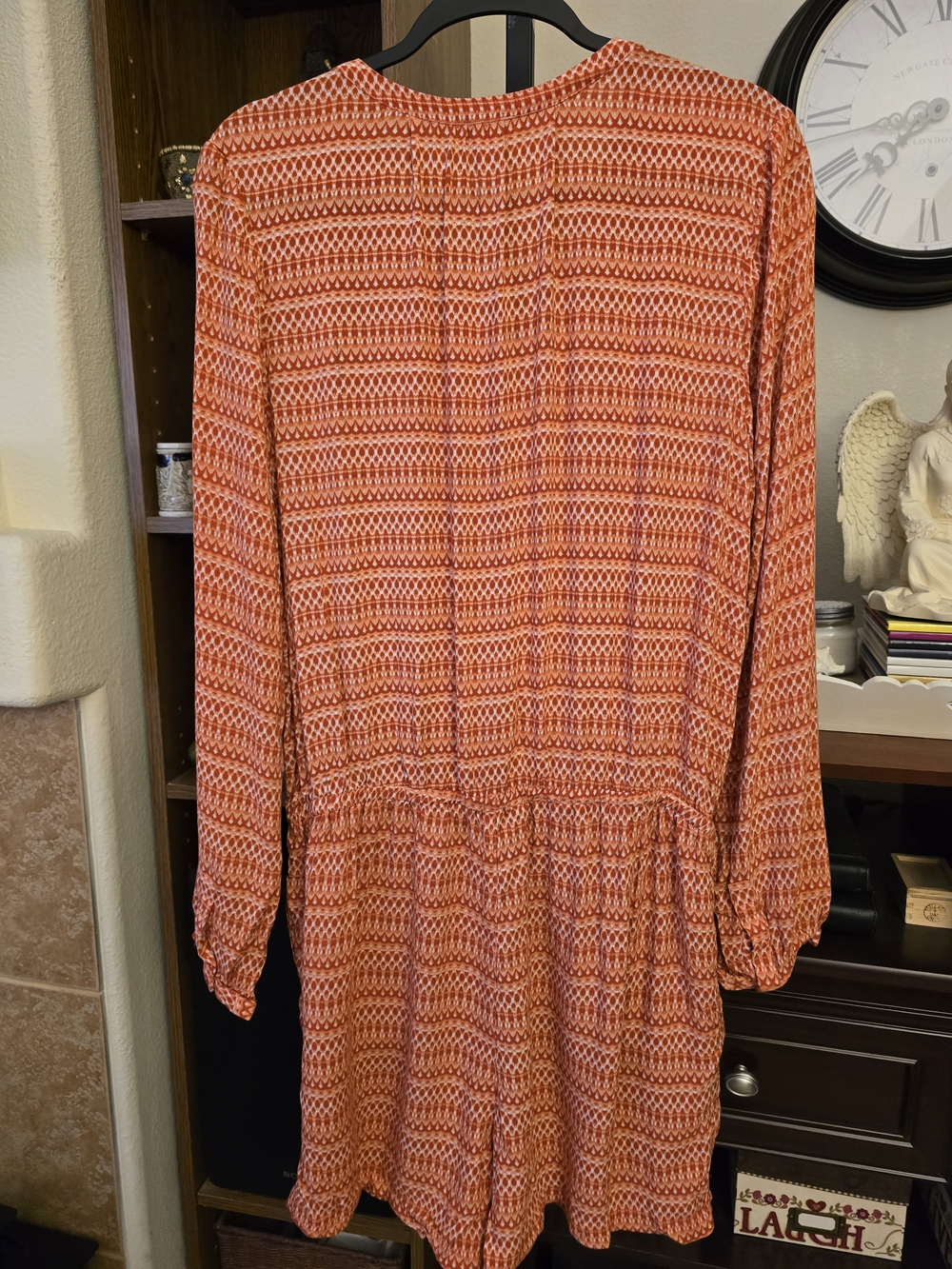 Hinge Romper Orange Geometric Print Long Sleeve V Neck Drawstring Waist Boho XL - Picture 6 of 6
